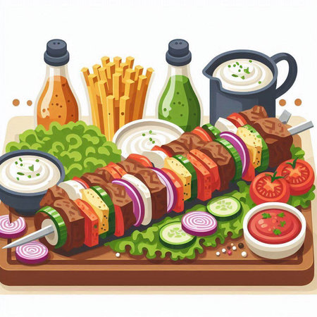 Grilled kebab with vegetables and sauce. Vector illustration.のイラスト素材