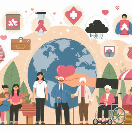 Elderly people on the background of the globe. Vector illustrationのイラスト素材
