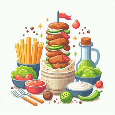 Fast food vector illustration. Hamburger, french fries and sauce.のイラスト素材