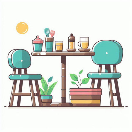 Cafe table with chairs and tablecloth. Flat vector illustration.のイラスト素材