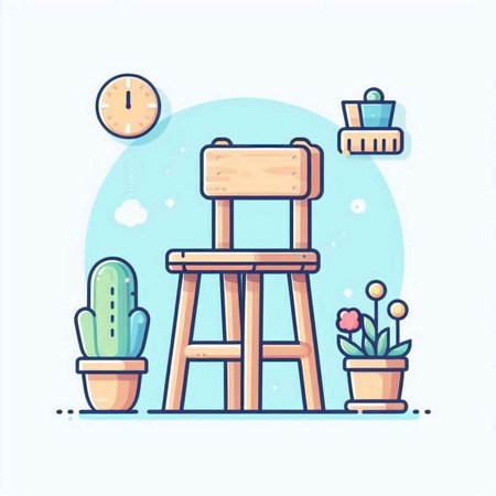 Wooden chair with flowerpot and clock. Vector illustration in flat styleのイラスト素材
