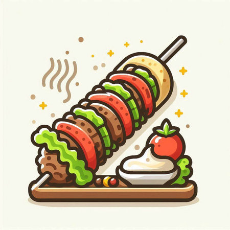 Grilled kebab with vegetables and sauce. Vector illustration.のイラスト素材