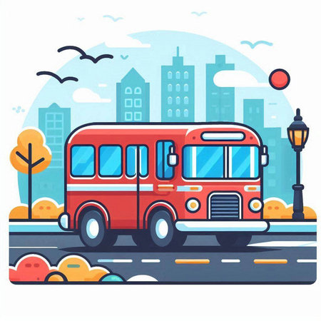 Bus on the road in the city. Vector illustration in flat styleのイラスト素材