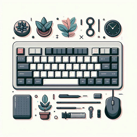 Computer keyboard, mouse, succulent and other office tools. Vector illustration.のイラスト素材