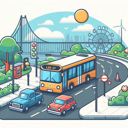 Bus on the road. Vector illustration in a flat style. Urban landscape.のイラスト素材