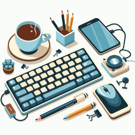 illustration of computer keyboard, mouse, pencils, coffee cup and mouseのイラスト素材