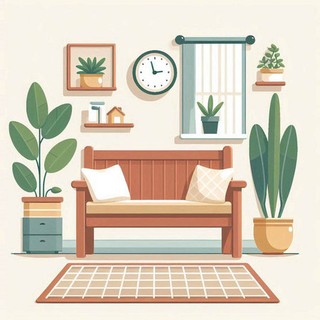 Living room interior with furniture and plants. Vector illustration in flat styleのイラスト素材
