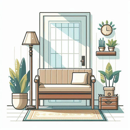 Living room interior with sofa and plants. Vector illustration in cartoon style.のイラスト素材