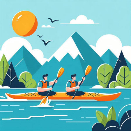 Kayaking on the river in the mountains. Vector illustration in flat styleのイラスト素材