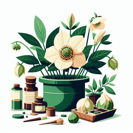 Flower pot with essential oil and aromatherapy. Vector illustration.のイラスト素材