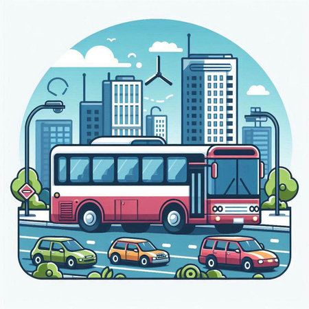 Vector illustration of a bus on the road in the city with buildingsのイラスト素材