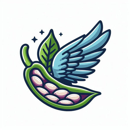 Illustration of a green bean with wings isolated on a white backgroundのイラスト素材