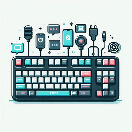 Vector illustration of computer keyboard with media icons. Modern flat style design.のイラスト素材