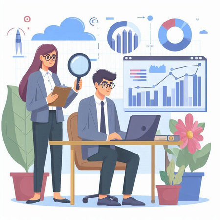 Business people working in office vector illustration. Businessman and businesswoman sitting at desk with laptop and documents. Teamwork, brainstorming conceptのイラスト素材
