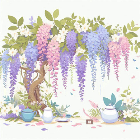 Beautiful wisteria flowers and teapot vector illustration.のイラスト素材