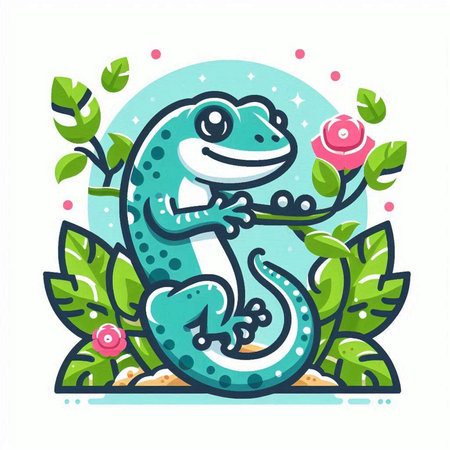 Cute lizard with flowers and leaves. Vector illustration in cartoon style.のイラスト素材