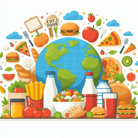 Vector illustration of Earth with food and drinks. Healthy lifestyle concept.のイラスト素材