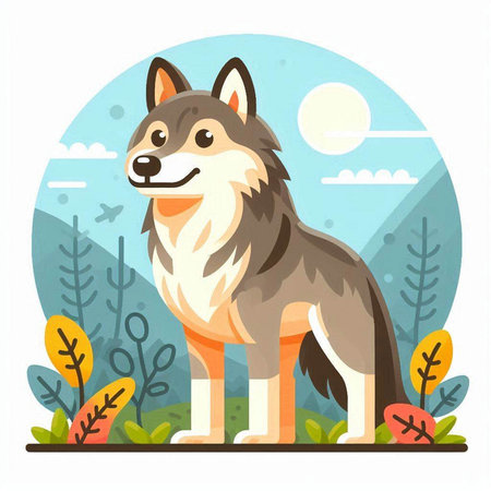 Cute wolf in the forest flat vector illustration. Cartoon wolf standing on the grass.のイラスト素材