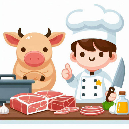 illustration of a boy and a pig on a cutting board with meatのイラスト素材