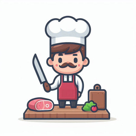 Chef with a knife and meat cartoon character vector illustration design.のイラスト素材