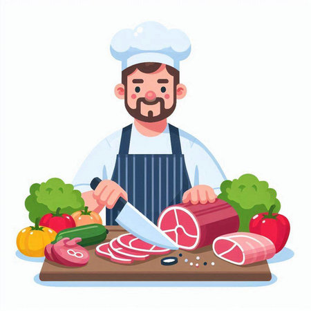 Chef with a knife and meat on a cutting board. Vector illustrationのイラスト素材