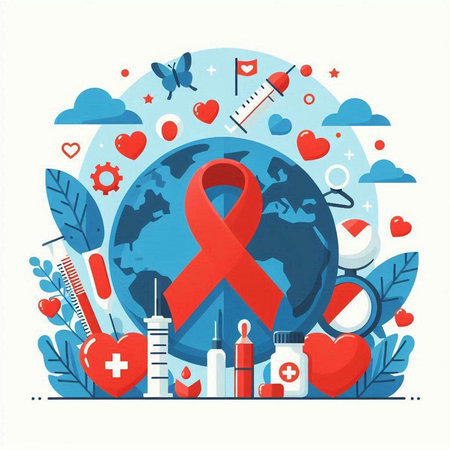 Vector illustration of World Aids Day concept with red ribbon and icons.のイラスト素材