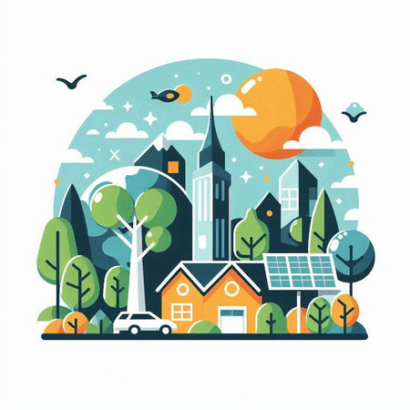 Ecology concept with city buildings and solar panels. Vector illustration.のイラスト素材