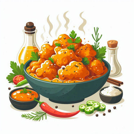 Meatballs in tomato sauce in bowl with spices and herbs. Vector illustration.のイラスト素材