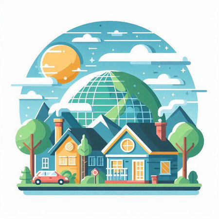 Vector illustration of a city landscape with houses, trees, solar panels and globe.のイラスト素材