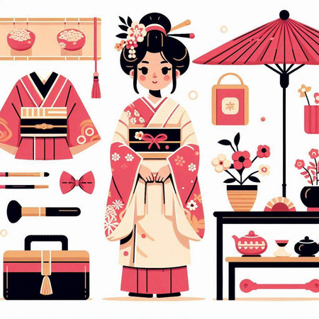 Japanese girl in traditional kimono. Vector illustration in flat styleのイラスト素材