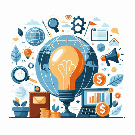 Vector illustration of lightbulb and business icons on white background.のイラスト素材