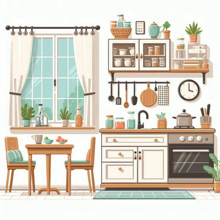 Kitchen interior with furniture and accessories. Vector illustration in cartoon style.のイラスト素材