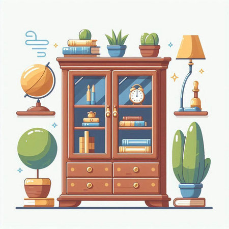 Vector illustration of a bookcase with books, bookshelf, lamp and plants.のイラスト素材