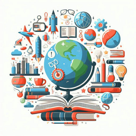 School and education background with globe, books and stationery. Vector illustration.のイラスト素材