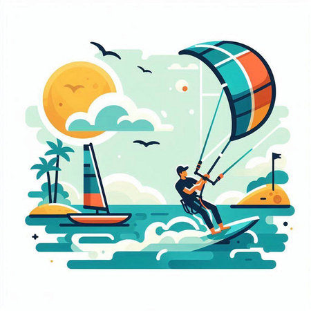 Vector illustration of kitesurfer on the sea. Flat design.のイラスト素材