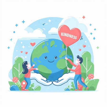 World environment day concept vector illustration. Cartoon flat tiny people characters holding Earth globe with heart and love text.のイラスト素材