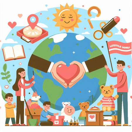 Vector illustration of a happy family with children holding hands around the worldのイラスト素材
