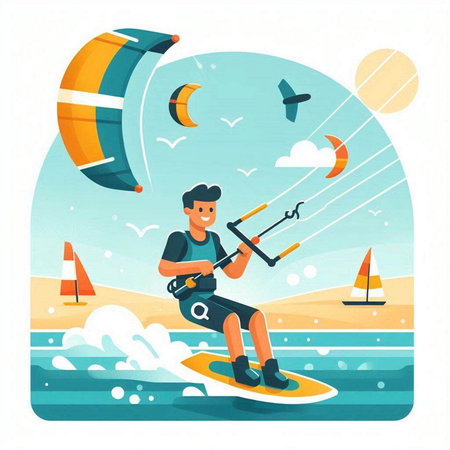 Kitesurfing sport, man riding on kiteboard, flat vector illustrationのイラスト素材