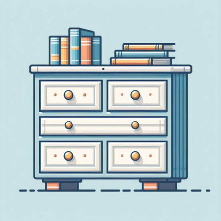 Illustration of a chest of drawers with books on a blue backgroundのイラスト素材