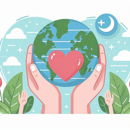Hands holding the planet earth with heart symbol. Vector illustration.のイラスト素材