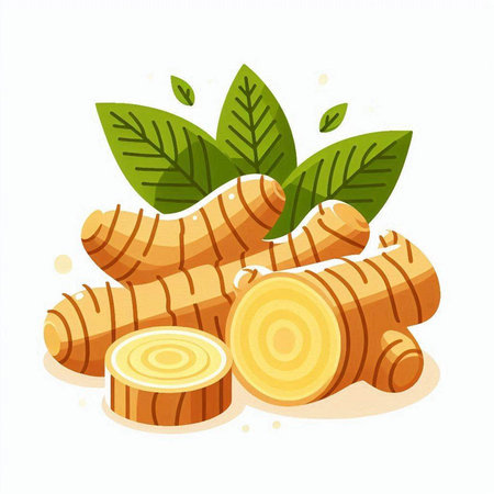 Fresh ginger root with leaves isolated on white background. Vector illustration.のイラスト素材