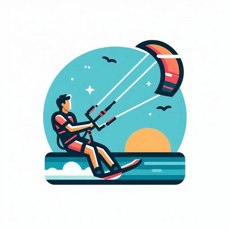 Kiteboarder on the beach. Vector illustration in flat styleのイラスト素材