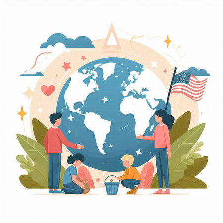 Family with children and United States of America flag. Flat vector illustration.のイラスト素材