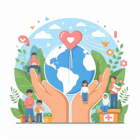 Volunteer and charity concept vector illustration. Flat tiny people holding Earth globe with red heart and caring hands.のイラスト素材