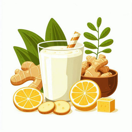 Vector illustration of a glass of ginger milk, lemon and ginger.のイラスト素材