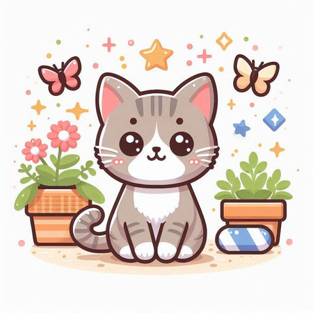 Cute cat with flowers and butterflies. Vector illustration in cartoon style.のイラスト素材