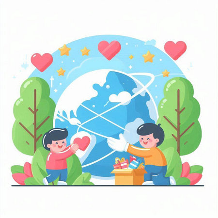 Happy Valentines Day. Boy and girl with gift box and globe. Vector illustrationのイラスト素材