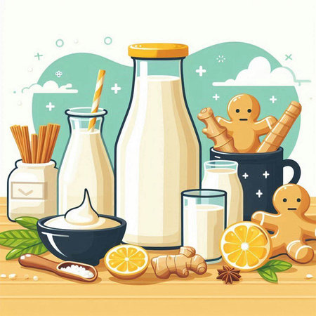 Milk products and ingredients on wooden background. Vector cartoon illustration.のイラスト素材