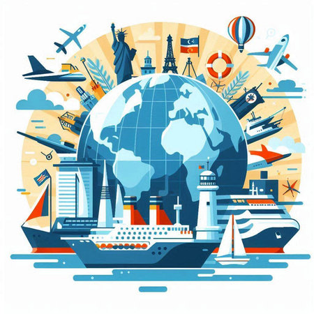Sea and travel around the world. Vector illustration in flat style.のイラスト素材