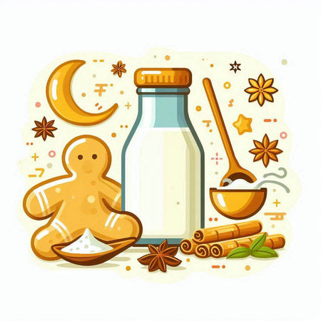 Ginger milk in glass bottle, cinnamon, ginger root, star anise, cinnamon sticks, spoon. Vector illustration.のイラスト素材